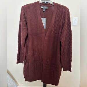 Women's Size L Burgundy Cable Knit Pocketed‎ Open Front Midi Cardigan. NWT